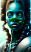 Placeholder: young girl, cute, beautiful, long curly hair, black hair, green alien skin, big flat nose, black eyes, big eyes, turquoise dress, head and shoulders portrait, 8k resolution concept art portrait by Greg Rutkowski, Artgerm, WLOP, Alphonse Mucha dynamic lighting hyperdetailed intricately detailed, avatar pandora