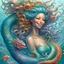 Placeholder: mystical, mermaid with long curly fancy flowing hair. Riding a seahorse with a happy face and a swirly main, all in pastel coors, Marine life Background. perfect facial features. Hyperdetailed, photorealistic