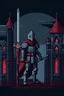Placeholder: create a pixel art of a knight with a sword in blood in the style of dark fantasy, against the background of which a dark castle will dominate