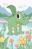 Placeholder: cute dinosaur colored with basic colors, full body, defined lines, no shadows, white background, clear and well, no shadows, this dinosaur is eating flowers on the lake shore. This generation should be colored only with the colors black, red, green, yellow, light blue, blue and orange