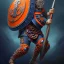 Placeholder: a fierce warrior in full navy blue and orange battle armor, with an S shaped shield, holding a basketball, a highly detailed illustration, background of Inka jungle, realistic render, 8 k, micro detail, intricate, elegant, centered, digital painting, Artstation, smooth, sharp focus, illustration, artgerm, tomasz alen kopera, peter mohrbacher, donato giancola, joseph christian leyendecker, wlop, boris vallejo