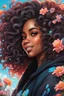 Placeholder: vibrant psychedelic urban culture image, airbrush, 48k, cartoon art image of a black curvy female looking to the side smiling with a large mane of curly ombre hair flowing through the wind while she has a black hoodie on, prominent makeup with hazel eyes, highly detailed hair, background peach and light blue flowers surrounding her, dystopian