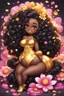 Placeholder: A sassy thick-lined airbrushed cartoon black chibi girl lounging lazily on her side, surrounded by flower petals. She has a golden lion tail curling playfully behind her curvy body. Looking up coyly, she grins widely, showing sharp lion teeth. Her poofy hair forms a mane framing her confident, regal expression.