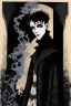 Placeholder: 17 year old boy, necromancer, friendly, looks dead, surrounded by weird smoke with eyes, wearing black robes, in the style of Harry Clarke