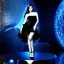 Placeholder: a beautiful black and white art picture of fashion model lady posing with cute and with high heels,midy skirt, pretty stage made of metallic blue-gray teme 3d recursive cubic and sphere base structures and the scene is in color,makeup curvy long hair.