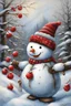 Placeholder: a painting of a snowman wearing a red hat and scarf, with red berries and icicles, snow landscape background, snowy, by Pamela Ascherson, by Jane Carpanini, by Terry Redlin, by Nancy Carline, by Sally Haley, traditional folk art style, festive, snowy background, snow scene, with snow covered colourful red, he is greeting you warmly