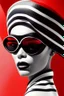 Placeholder: minimalist portrait photography, digital art, opart, woman face painted red, black and white dress, round black sunglasses, black and white swimming cap, side view by Franck Gerard