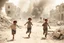 Placeholder: children running from bombs in a ruined city in Palestina, smoke and fire and explosions