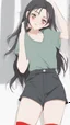 Placeholder: generate a full-length girl with gray-green sad eyes, with dark hair above the shoulders, a round face, not very plump lips, in a black T-shirt with a red print, short shorts, blue socks