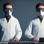 Placeholder: scientists at the computer in military gas masks. the masks are checkered.