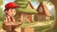 Placeholder: Style, cartoon, Image of a young child scout wearing a red hat, finding the box under the tree in the village garden