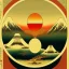 Placeholder: Ukiyo-e styled art, yin and yang sign, mountains and sun