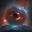 Placeholder: Large metallic planet with glowing red eye, nebula background, photoreal, high detail, dark, moody