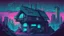 Placeholder: small german Cabin, In cyberpunk city-skyline, comic style, realistic coloring