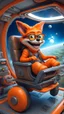 Placeholder: big ass space hairy hi tech alien gremlin orange laughing leather fox cowboy with glasses in tiny cart chair jumping round in space in a weird living space camper ship driving down weird twisted tube track in space station jungle, spell jammer, Pixar-inspired, expertly crafted in a whimsical and vibrant cartoon style. is masterfully rendered in a lifelike 3D design, which captivates viewers with there irresistible charm. The background is filled with warm, inviting colored stars and a 3D rende