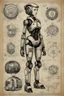 Placeholder: Hand drawn, art by Wayne Reynolds , Daren Bader and Tom Tenery, old paper with detailed schematics of dark dieselpunk cute robotic girl detailed drawings, cross section, concept sheet sketch, 8k