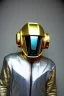 Placeholder: Metallic Cyber-punk man with camera-mask and old AKG-style headphones with golden rings. Fencing mask covers man's cheeks. Good body shape. Body and head full of integrated old-fashioned cameras. Ancient silver telephone attached to perfect body, trunk. Euclidean 5th dimensional tiling background, Escher tiling. Daft Punk, Tron Movie Bike. Matrix movie, black leather jacket, tippet. Black latex areas in black leather surfaces body. 1990's. Ancient AKG-trypophobic microphone as mouth