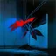 Placeholder: Minimal abstract oil painting of a neon large blue leaf plant in concrete warehouse brutalist architecture and hanging wires illuminated at night. With triadic red colours. In the style of Justin Mortimer and Phil Hale, Ashley Wood