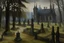 Placeholder: A graveyard near a haunted mansion painted by The Limbourg Brothers