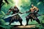 Placeholder: (in the style of Orion, by Masamune Shirow) DUEL: a tattooed gangsta monk with his staff fights against a paladin knight with his two handed sword zweihander in the jungle