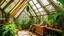 Placeholder: A cozy and whimsical indoor greenhouse with lush greenery, hanging plants, and geometric triangle decorations. The space has a warm, inviting atmosphere with natural light filtering through the windows.