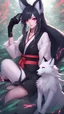 Placeholder: A close hot picture of Ahri with black hair and black Japanese Clothes and nine White fox tail with neon glowing in fantasy world