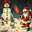 Placeholder: there is no kebabs at christmas, evil Santa, evil gnomes running around, staring flaming eyes, evil Rudolf, very big evil angry Frosty the snowman in background, kebabs and kebab, 1940 christmas postcard, blood stains, scared kerubs