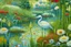 Placeholder: Richly textured mixed media layered painting in the styles of Georges Seurat, Samuel Palmer and Georgia O'Keeffe, a dreamy lily pond with wildflowers and lime grass, with a beautiful crane standing in the far background amidst a thicket of cattails. insanely detailed crisp HD quality. metallic pastel colours. Modifiers: Arthur Rackham Paul Klee pen and ink JAMES R. EADS dreamy expressionism 3D shading Edward Gorey metallic colors Esao Andrews Acrylic Pouring hallucinatory dramatic atmosphere and