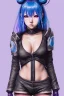 Placeholder: Detailed cute anime Kunoichi girl, blue hair buns, purple bangs, black latex bodysuit, intricate details, full body portrait, keep head in frame, slight smile, black Japanese motif, concept art, highly detailed, digital painting, concept art, sharp focus, illustration, art by Yoji Shinkawa, WLOP and greg rutkowski and alphonse mucha and artgerm and yanjun Chen and Junji ito and Makoto Shinkai, HDR, octane render