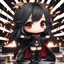 Placeholder: full body chibi woman with long dark brown hair, red eyes, modern clothes, black pants, bad girl vibe, New Years themed, fireworks, intricately detailed, masterpiece, anime chibi doll, 3d