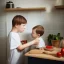 Placeholder: Realistic photo Russian shorthair beautiful tomboy boyish boylike young mother in kitchen