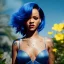 Placeholder: Rihanna as smurf with yellow flowers for hair,zoom eyes, closed eyes, rtx, reflection, 8k, glow, winning photography, caustics