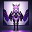 Placeholder: a fox fursona, darker colors, master quality, backlighting, soft lights, full body portrait, in frame, 8k, furry, fur, black and purple color pallet, robotic enhancements, cyberpunk, anthropomorphic