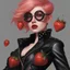 Placeholder: an absolutely stacked anthropomorphic strawberry with pixie-cut hair, a perfect hourglass figure, perfect face, wearing a studded, black leather biker's jacket and pants with 12-inch platform boots and goggles,