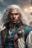 Placeholder: 31 years old mulatto male sorcerer, with wavy snow-white hair, green eyes, dressed in a steampunk style