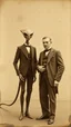 Placeholder: An old picture style of white and brown and very bad quality old camera with cracks of Tesla standing with an Alien who is wearing a suit, the year 1900