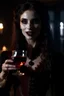 Placeholder: 4k full details full lights femme vampire, yeux rouges, longues canines dentaires de vampires visibles, tient un verre de vin en main avec du sang, style victorien