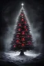 Placeholder: a beautiful illuminated silver and white light Christmas tree stands in a dark room, dark shadows behind it, and small evil red eyes shining behind it in the dark, scary atmosphere, little glimmering light, snow falling on the window, dark, deep colors, small details, surreal, thriller cinematic, masterpiece, intricate details