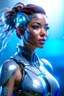 Placeholder: Cyborg female evolving | concrete floor | detailed | fine art | highly detailed | smooth | sharp focus | ultra realistic | full body portrait view, Mysterious,blue metal, smile