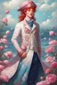 Placeholder: kind sailor, man, red slightly curly hair, long jacket, pink-azure clothes, pink-azure cocked hat, white floral pattern on the jacket, a flower in the hair runs to the princess to protect her