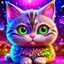 Placeholder: Lisa frank inspired realistic cute kitten with planet-like big eyeballs that are taking up more than half its face and lots of glitter and sparkles and super happy with a big smile with sparkles fat and fluffy body small body big head more sparkles