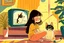 Placeholder: brunette girl watching tv with a cat, children's book illustration in style of Brigette Barrager, Sven Nordqvist and Nicole Rubel in sunshine