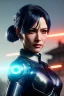 Placeholder: Middle age female Cyborg anime warrior, dark blue hair, gray hair, ponytail hairstyle, orange eyes, waist up portrait,4k resolution, intricate details, ornate details, soft lighting, vibrant colors, retroanime, masterpiece, intricate eyeliner, dark eyeshadow, futuristic cityscape background