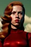 Placeholder: retro portrait image from 1960, sky background, wind, long red hair, fighting stance, sweet young Scarlett Johansson, black dress, classic long tight lycra black suit, gold bracelet and belt, high heel boots, superhero style, soft color, highly detailed, unreal engine 5, ray tracing, RTX, lumen lighting, ultra detail, volumetric lighting, 3d, finely drawn, high definition, high resolution.