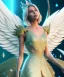 Placeholder: A crystalised queen, atmospheric, realistic, unreal engine, cinematic lighting, octane render, transparent long dress, blonde, full body, wings, smile, long hair