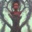 Placeholder: Painting .the face of A young black woman. A wood nymph emerging from the forest. Her hair looks like vines. Dreadlocs. Her skin is the colour of red soil. Her skin looks like tree bark. Her clothing is made of vines, grass and leaves