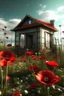 Placeholder: An modern small house surrounded with red poppies growing out of a zombie