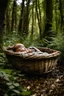 Placeholder: A baby sleeping in a basket in the middle of a forest