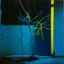 Placeholder: Minimal abstract oil painting of a blue neon plant in concrete warehouse brutalist architecture and hanging wires illuminated at night. With triadic yellow colours. In the style of Justin Mortimer and Phil Hale, Ashley Wood