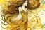 Placeholder: Dynamically dancing long haired brunette woman, in Klimt style, in ochre, watercolor and ink, golden glitters